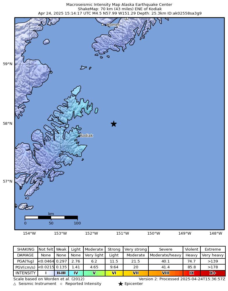 USGS ShakeMap intensity contours for the M4.4 earthquake near 68 km ENE of Kodiak, Alaska