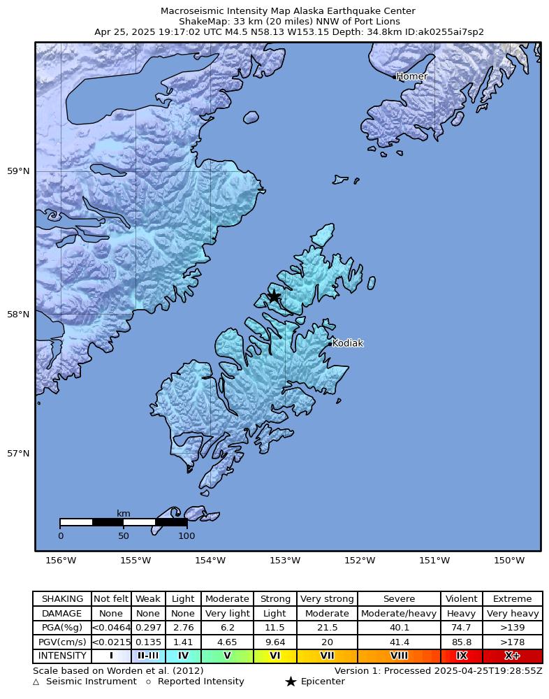 USGS ShakeMap intensity contours for the M4.6 earthquake near 17 km WNW of Aleneva, Alaska