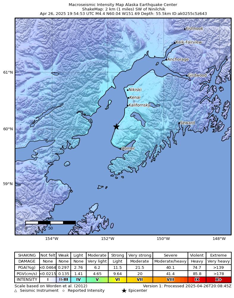 USGS ShakeMap intensity contours for the M4.2 earthquake near 3 km WSW of Ninilchik, Alaska