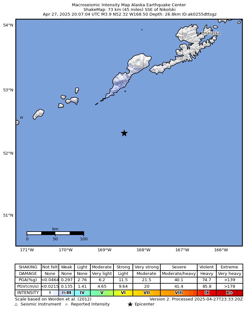 USGS ShakeMap intensity contours for the M4.8 earthquake near 73 km SSE of Nikolski, Alaska
