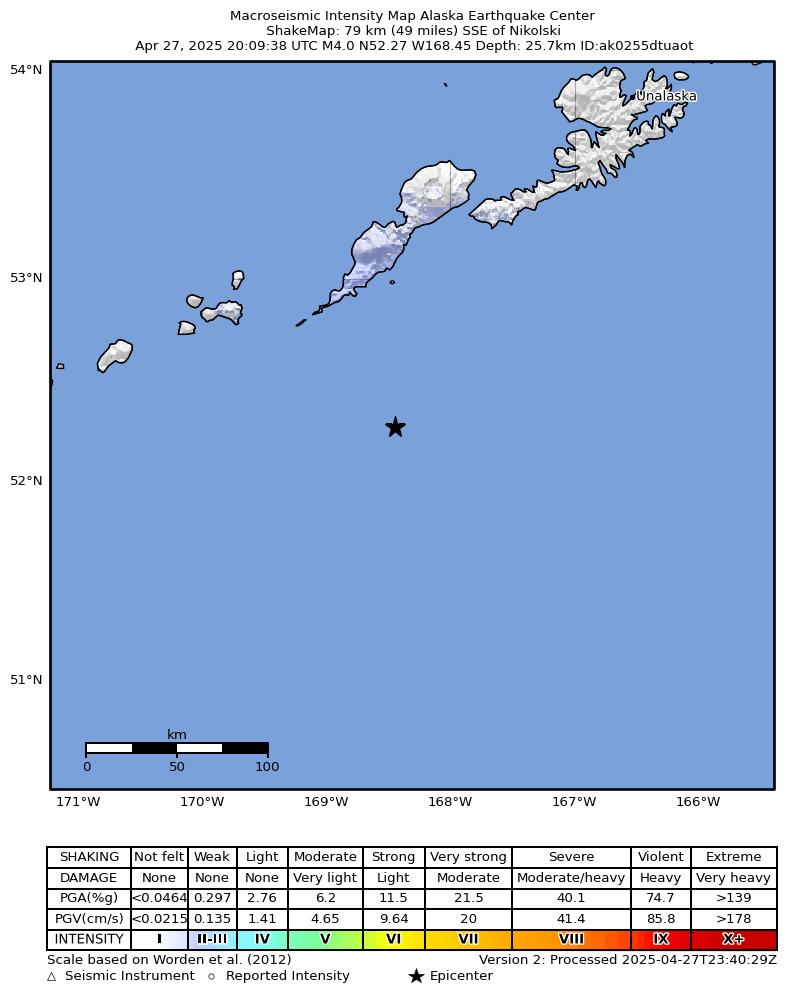 USGS ShakeMap intensity contours for the M4.8 earthquake near 86 km SSE of Nikolski, Alaska