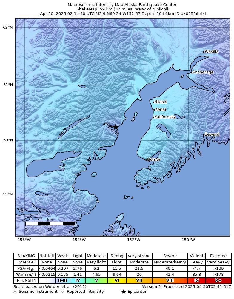 USGS ShakeMap: estimated shaking intensity around the epicenter