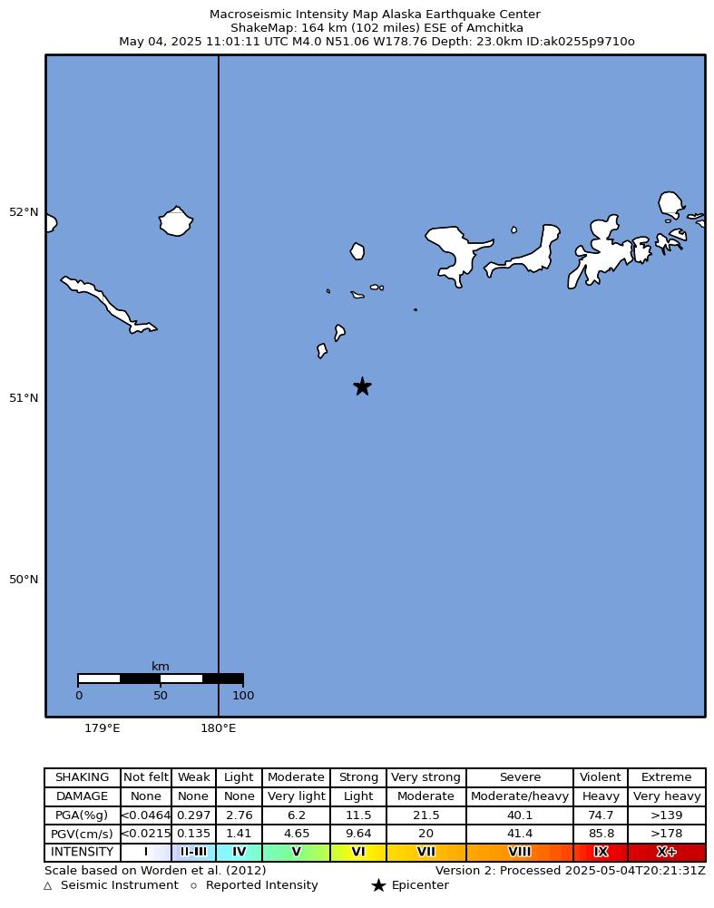 USGS ShakeMap: estimated shaking intensity around the epicenter