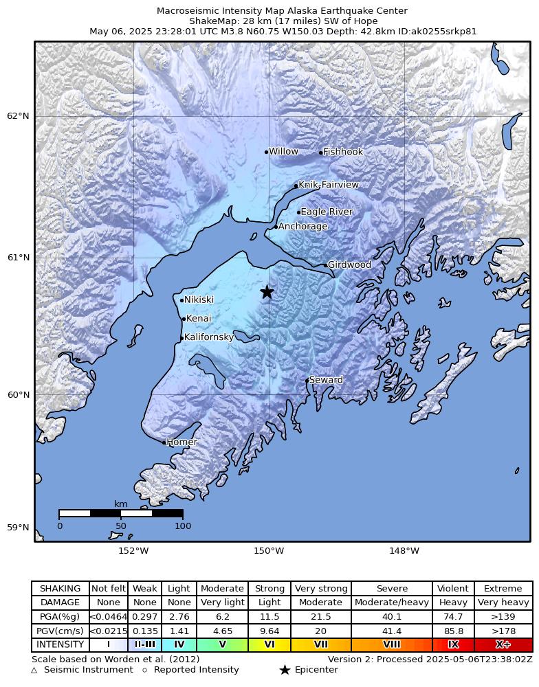 USGS ShakeMap intensity contours for the M3.8 earthquake near 28 km SW of Hope, Alaska