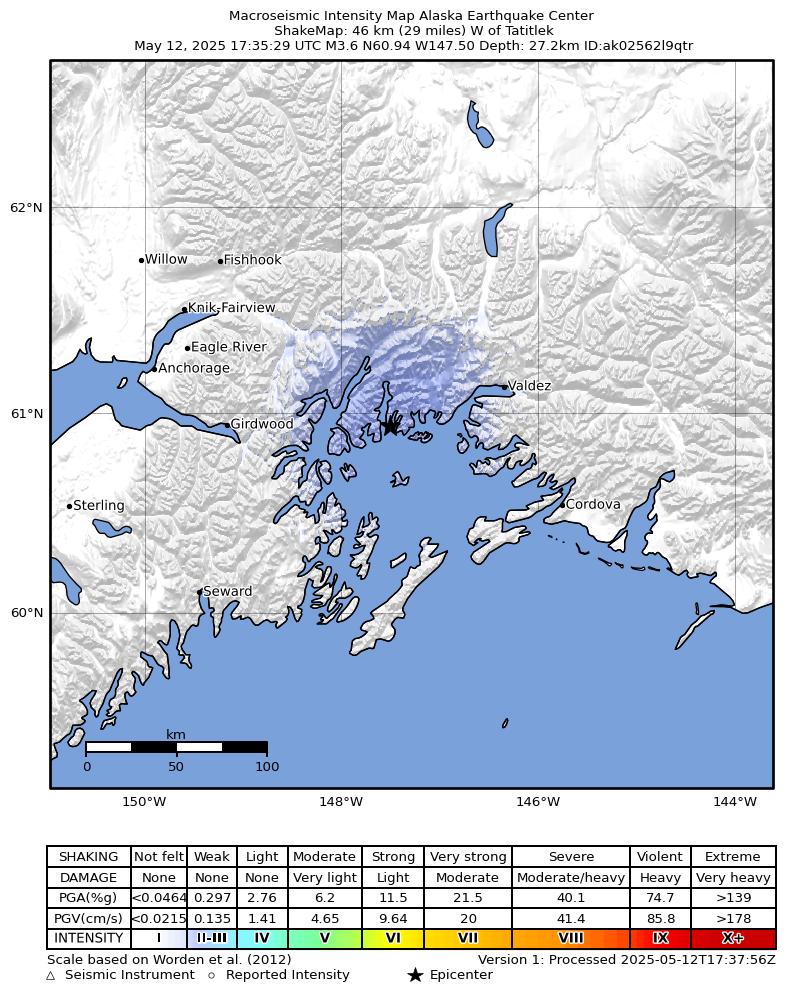 USGS ShakeMap intensity contours for the M3.3 earthquake near 43 km WNW of Tatitlek, Alaska