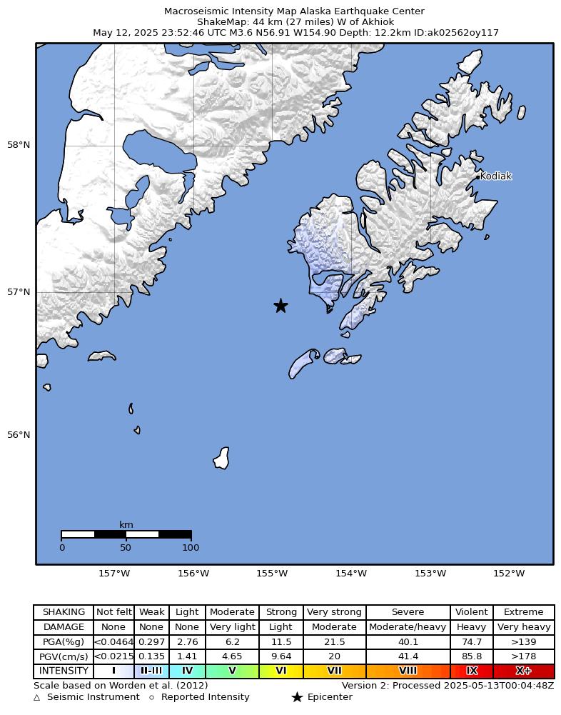 USGS ShakeMap intensity contours for the M3.6 earthquake near 42 km W of Akhiok, Alaska