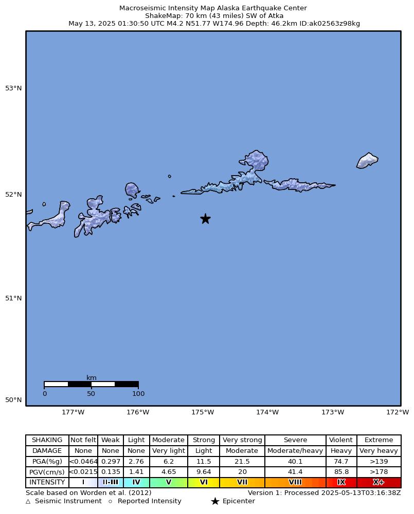 USGS ShakeMap: estimated shaking intensity around the epicenter