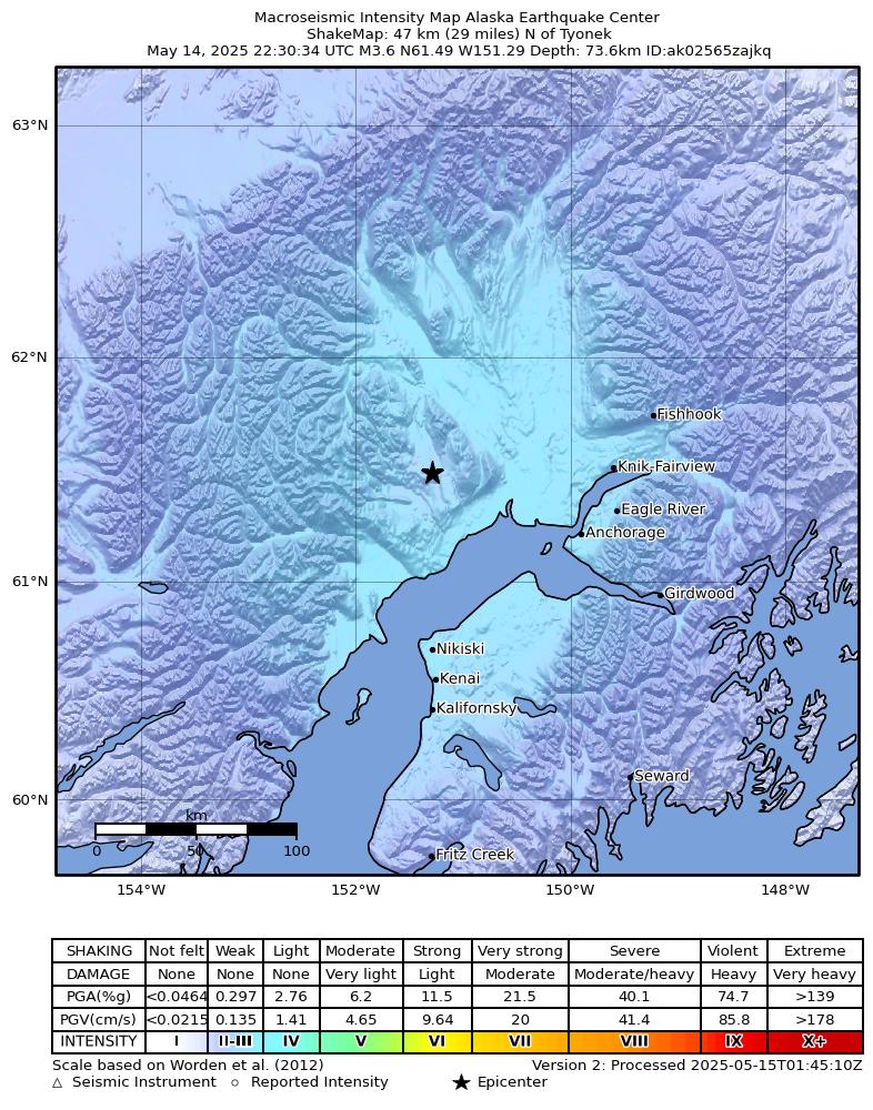 USGS ShakeMap intensity contours for the M3.6 earthquake near 37 km NNW of Beluga, Alaska