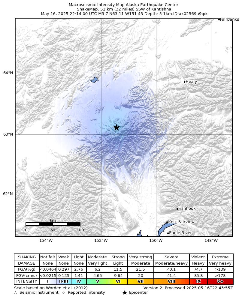 USGS ShakeMap intensity contours for the M3.7 earthquake near 54 km SSE of Denali National Park, Alaska