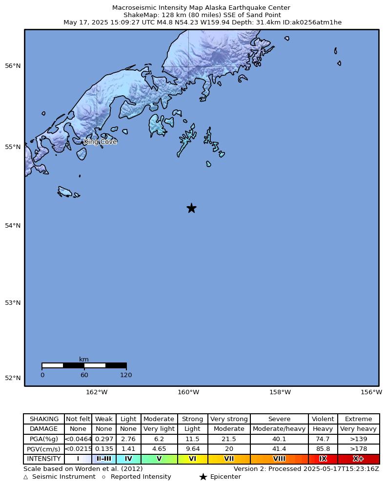 USGS ShakeMap intensity contours for the M4.9 earthquake near 133 km SSE of Sand Point, Alaska