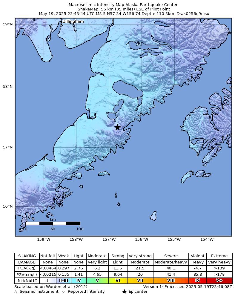 USGS ShakeMap intensity contours for the M3.5 earthquake near 45 km ESE of Ugashik, Alaska