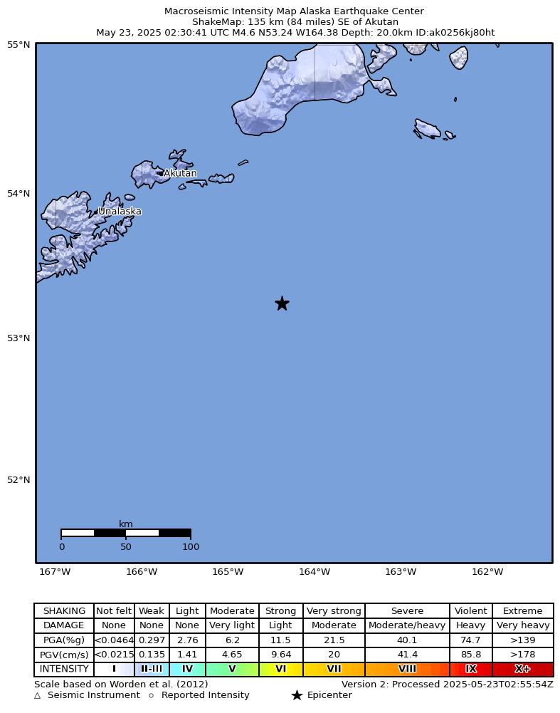 USGS ShakeMap intensity contours for the M5.2 earthquake near 132 km SE of Akutan, Alaska