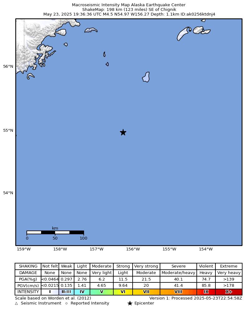 USGS ShakeMap intensity contours for the M4.6 earthquake near 200 km SE of Chignik, Alaska