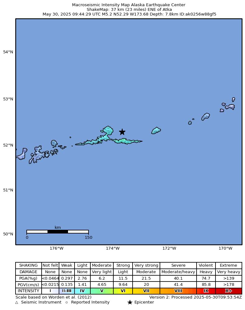 USGS ShakeMap intensity contours for the M4.8 earthquake near 46 km E of Atka, Alaska