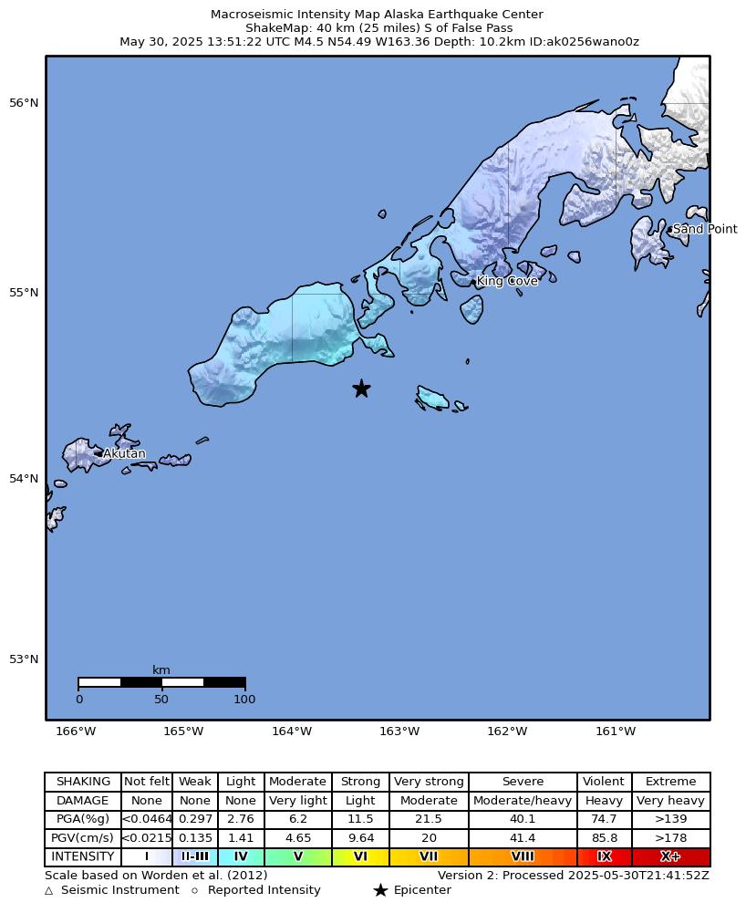 USGS ShakeMap: estimated shaking intensity around the epicenter