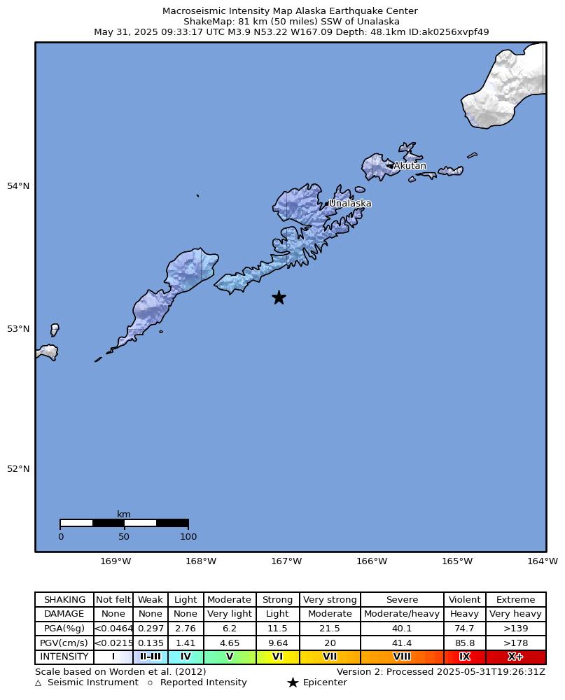 USGS ShakeMap: estimated shaking intensity around the epicenter