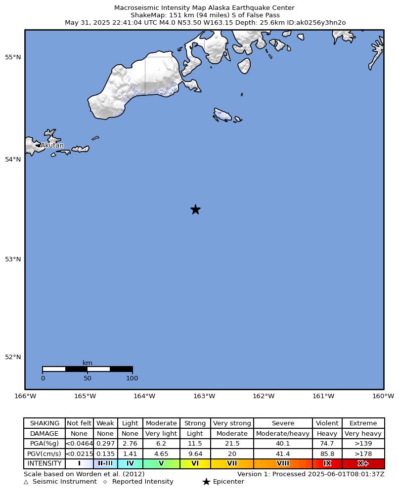 USGS ShakeMap intensity contours for the M4.6 earthquake near 141 km S of False Pass, Alaska