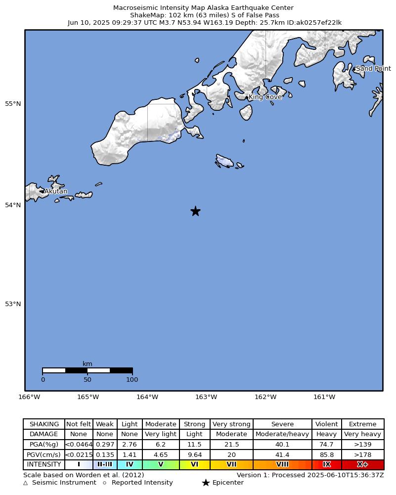 USGS ShakeMap: estimated shaking intensity around the epicenter