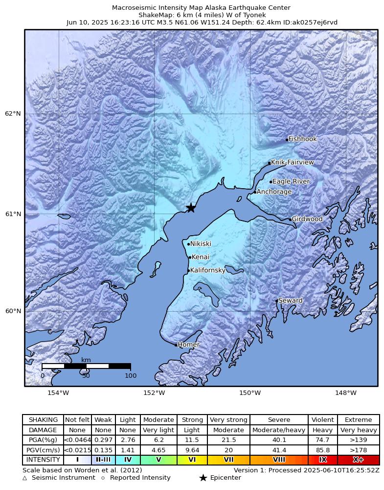 USGS ShakeMap intensity contours for the M3.3 earthquake near 2 km S of Tyonek, Alaska