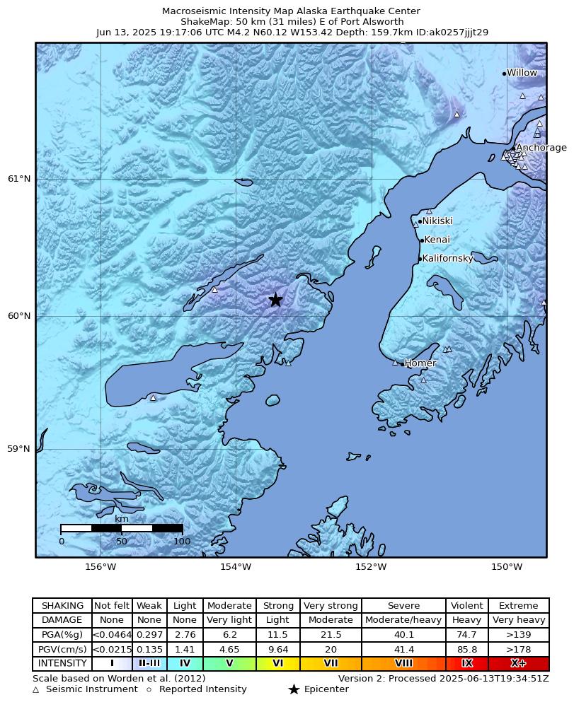 USGS ShakeMap intensity contours for the M4.3 earthquake near 50 km E of Port Alsworth, Alaska
