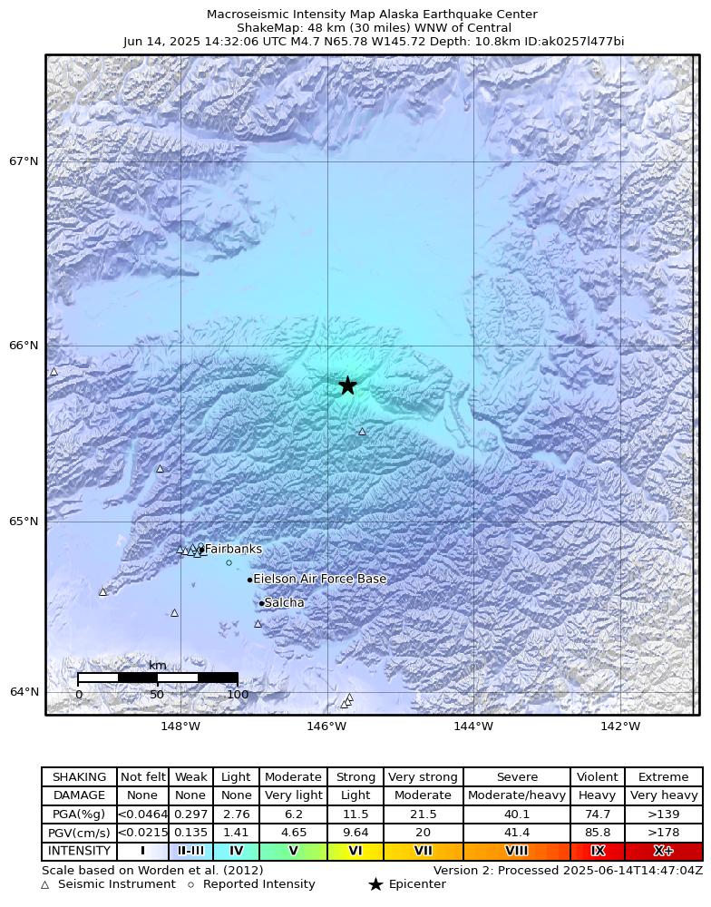USGS ShakeMap intensity contours for the M4.2 earthquake near 44 km WNW of Central, Alaska