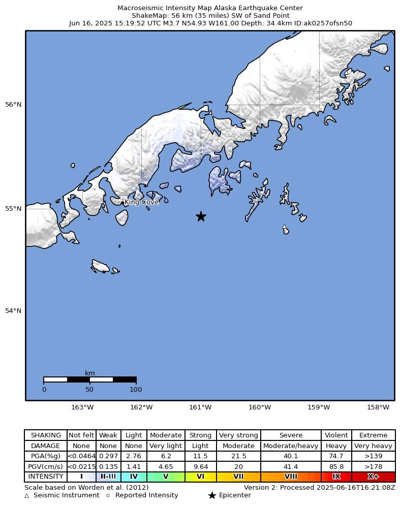 USGS ShakeMap intensity contours for the M3.7 earthquake near 58 km SW of Sand Point, Alaska