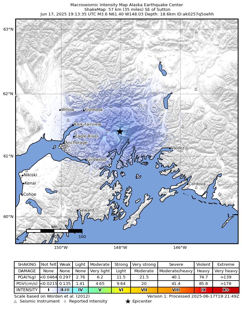 USGS ShakeMap intensity contours for the M3.4 earthquake near 47 km SSW of Glacier View, Alaska