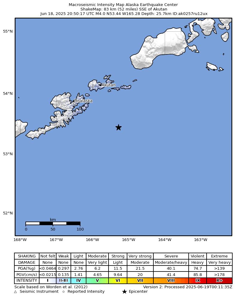 USGS ShakeMap intensity contours for the M4.2 earthquake near 77 km SSE of Akutan, Alaska
