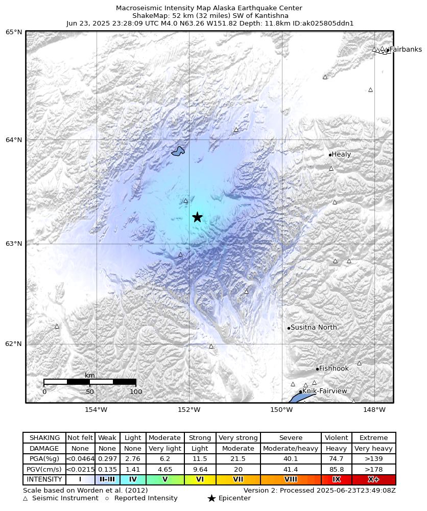 USGS ShakeMap intensity contours for the M4.1 earthquake near 32 km S of Denali National Park, Alaska