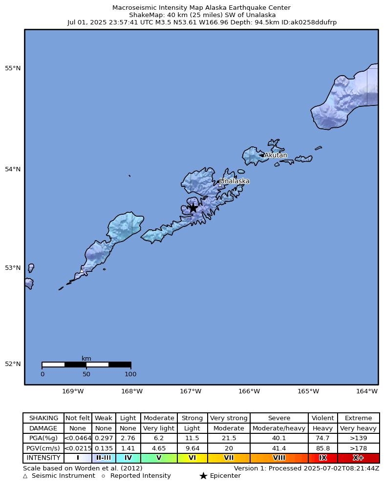 USGS ShakeMap intensity contours for the M3.8 earthquake near 38 km SW of Unalaska, Alaska