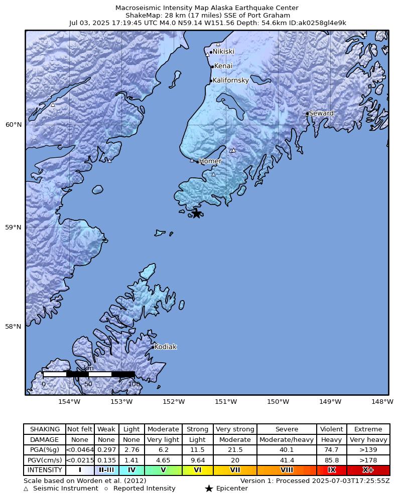 USGS ShakeMap intensity contours for the M3.9 earthquake near 28 km SSE of Port Graham, Alaska
