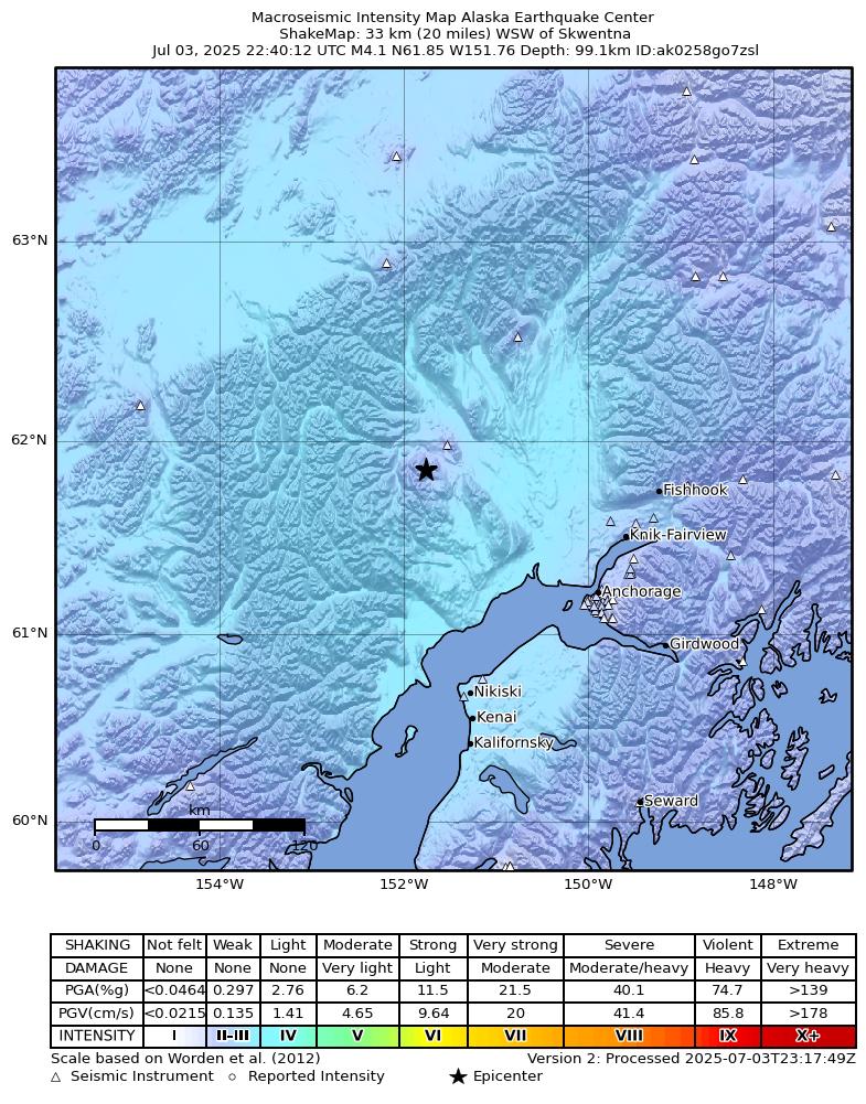 USGS ShakeMap intensity contours for the M4.4 earthquake near 25 km SW of Skwentna, Alaska