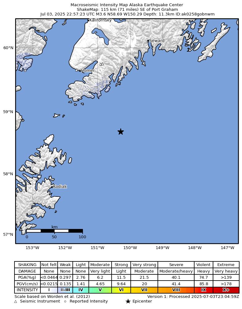 USGS ShakeMap intensity contours for the M3.4 earthquake near 121 km SE of Port Graham, Alaska