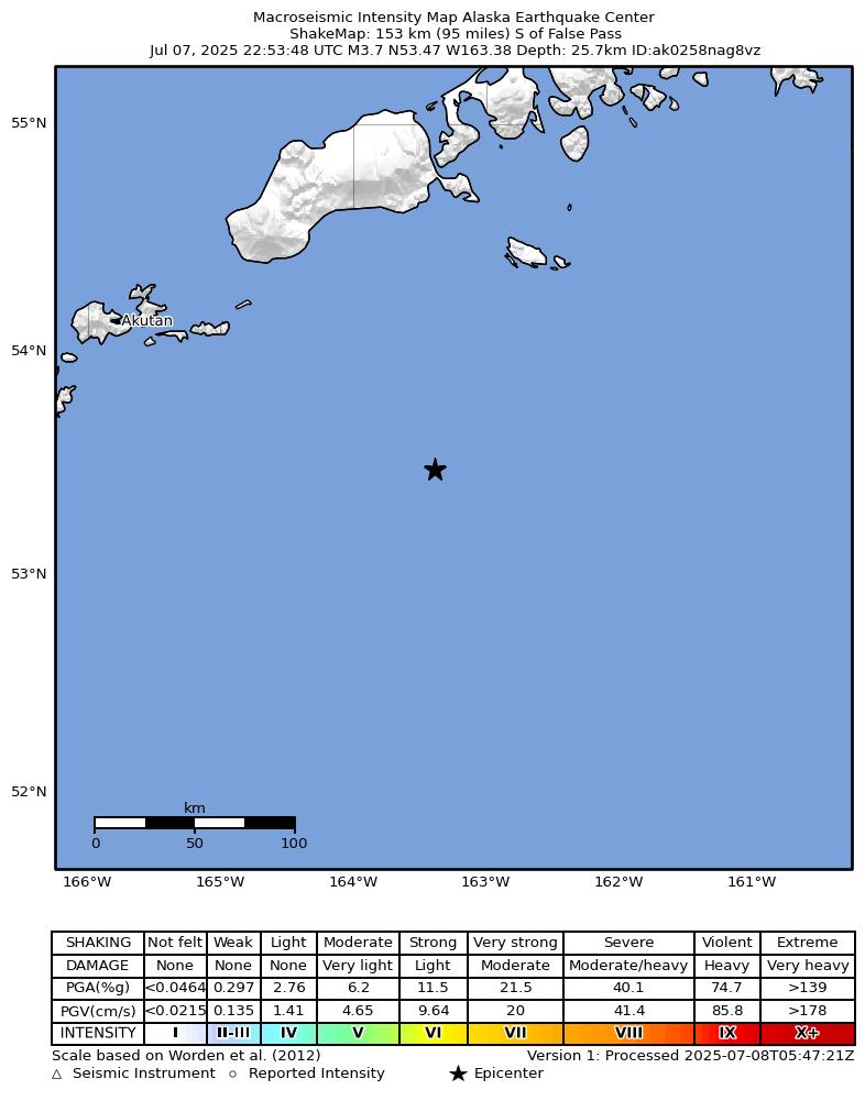 USGS ShakeMap intensity contours for the M4.3 earthquake near 146 km S of False Pass, Alaska