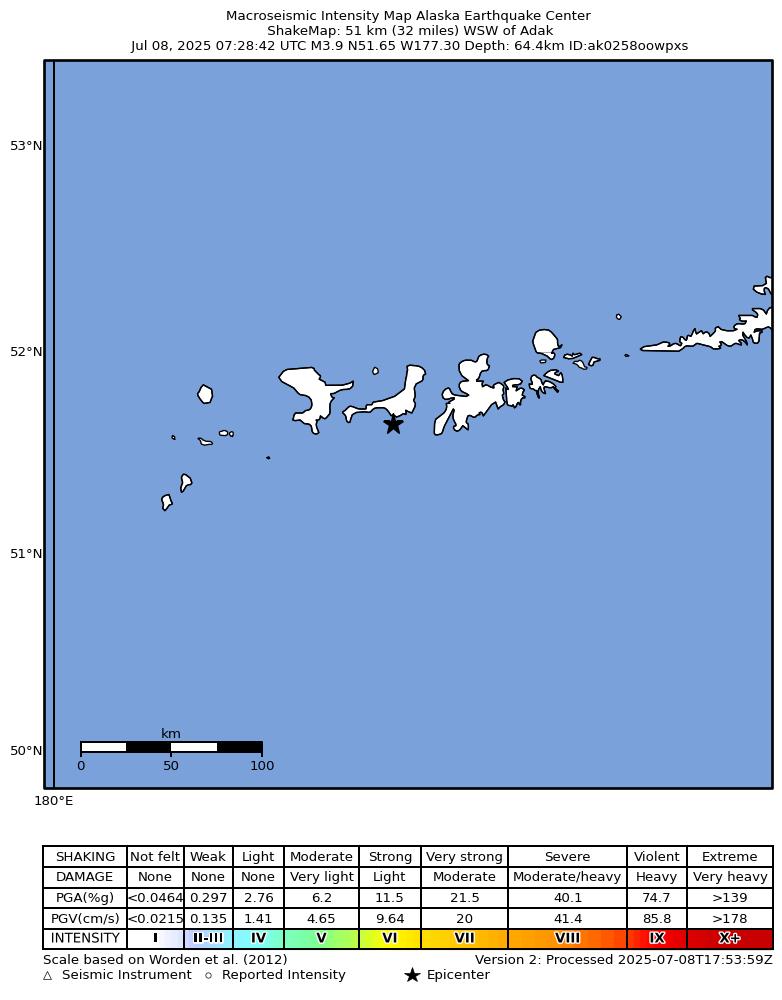 USGS ShakeMap: estimated shaking intensity around the epicenter
