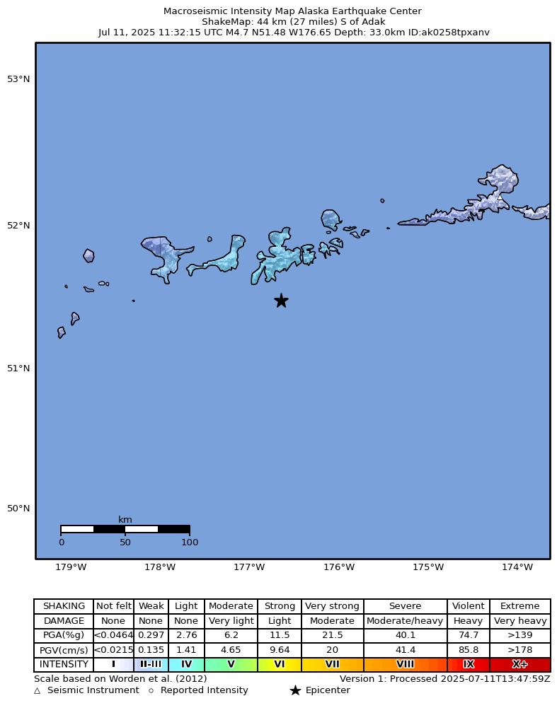 USGS ShakeMap: estimated shaking intensity around the epicenter