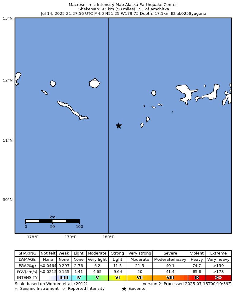 USGS ShakeMap intensity contours for the M4.0 earthquake near 228 km WSW of Adak, Alaska