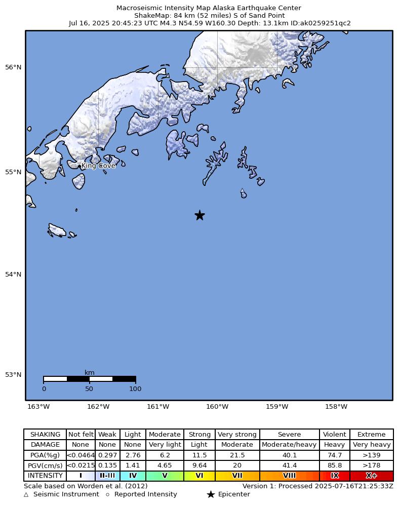 USGS ShakeMap: estimated shaking intensity around the epicenter