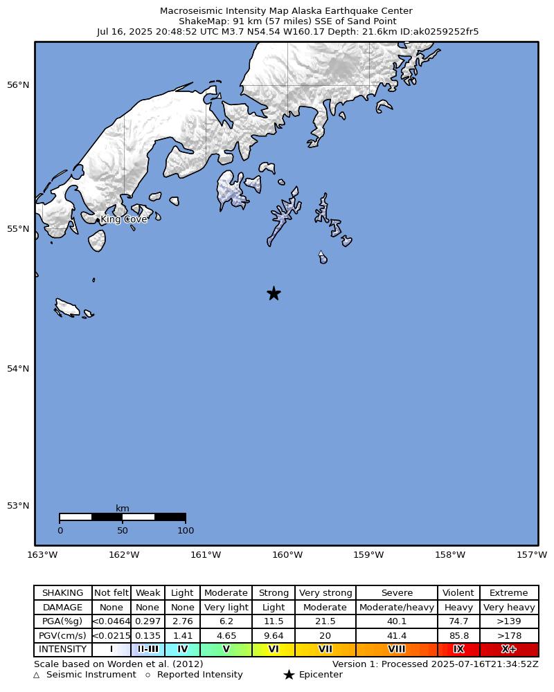 USGS ShakeMap: estimated shaking intensity around the epicenter