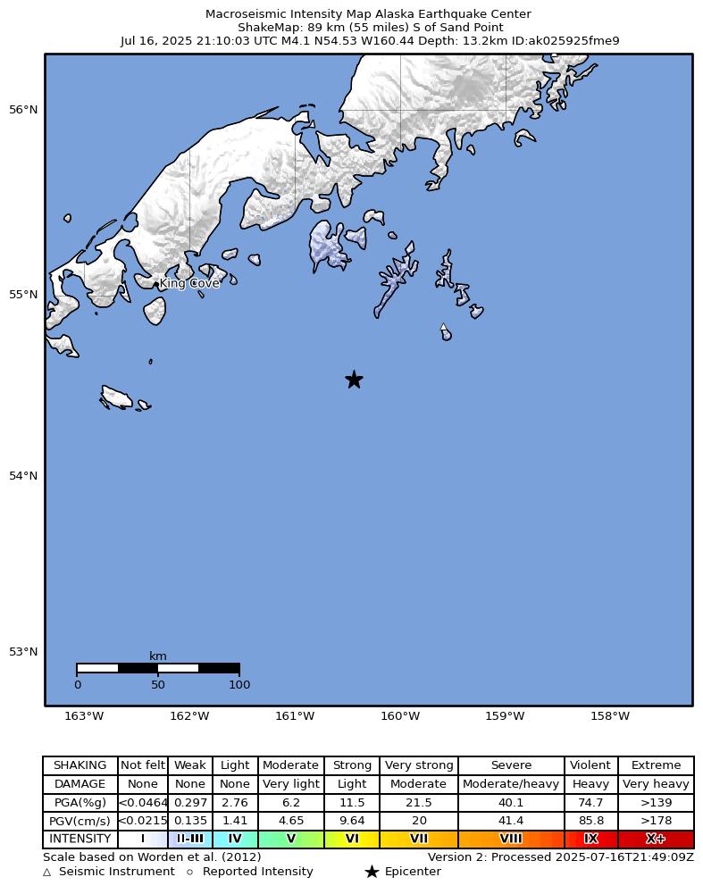 USGS ShakeMap: estimated shaking intensity around the epicenter