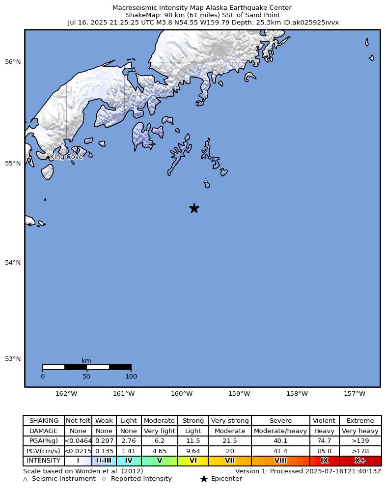 USGS ShakeMap: estimated shaking intensity around the epicenter