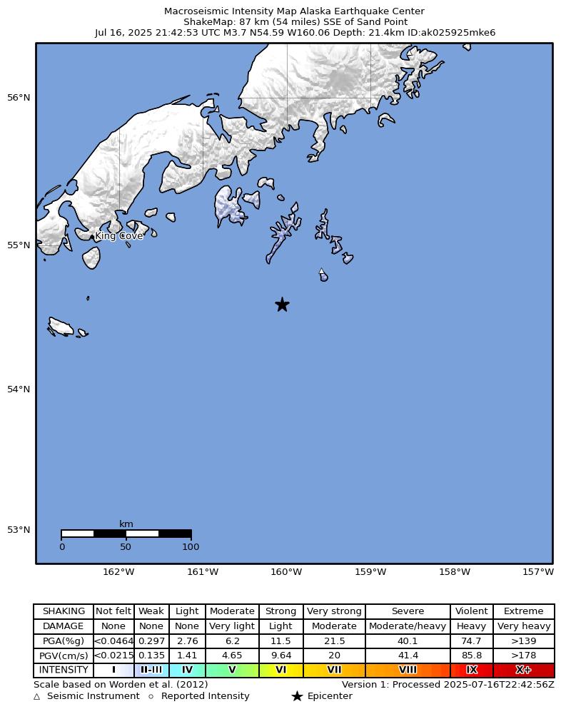 USGS ShakeMap: estimated shaking intensity around the epicenter