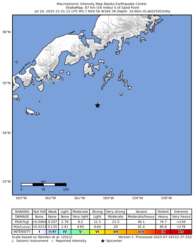 USGS ShakeMap: estimated shaking intensity around the epicenter