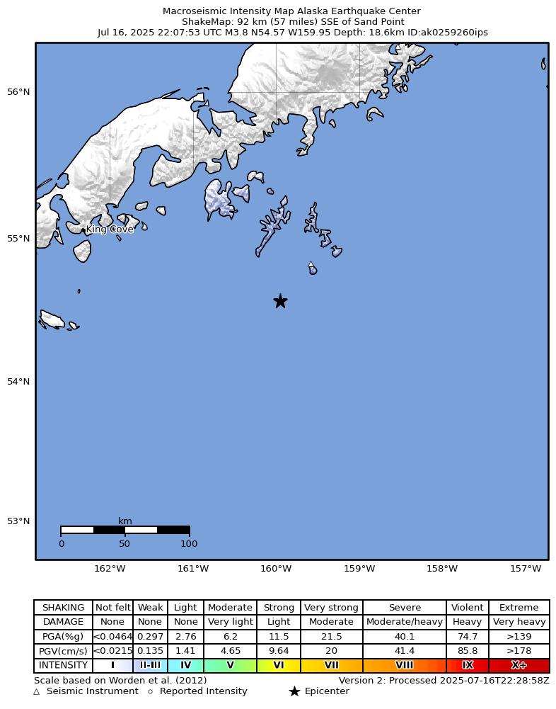 USGS ShakeMap: estimated shaking intensity around the epicenter
