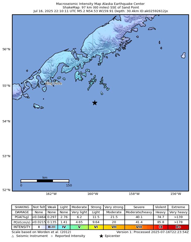 USGS ShakeMap: estimated shaking intensity around the epicenter