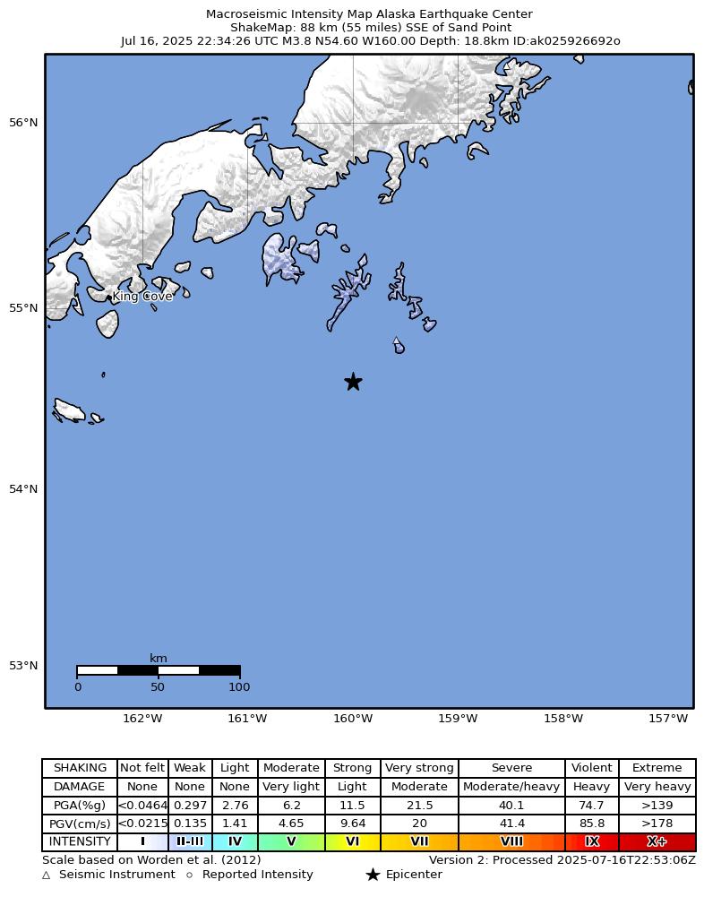 USGS ShakeMap: estimated shaking intensity around the epicenter