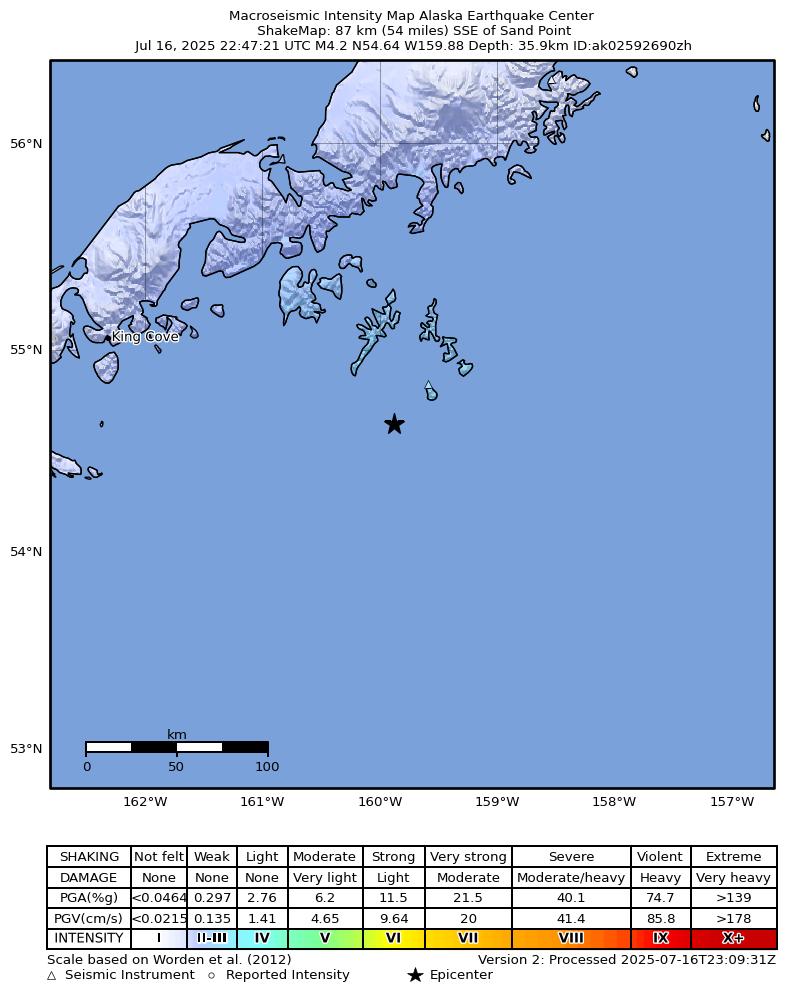 USGS ShakeMap: estimated shaking intensity around the epicenter