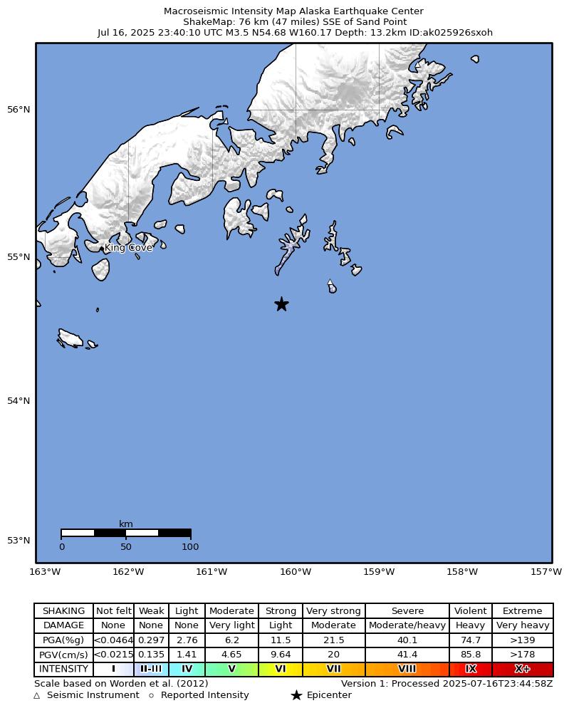 USGS ShakeMap intensity contours for the M3.5 earthquake near 104 km SSE of Sand Point, Alaska