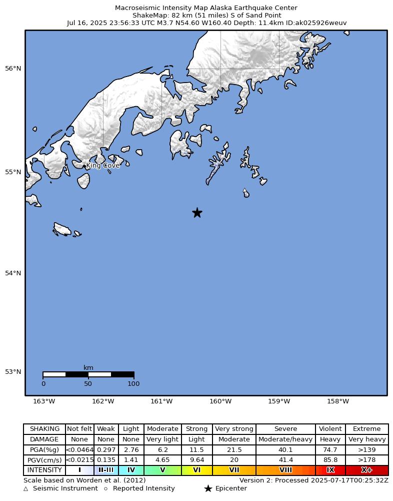 USGS ShakeMap intensity contours for the M3.9 earthquake near 93 km S of Sand Point, Alaska