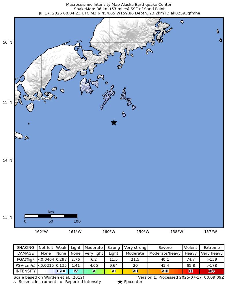 USGS ShakeMap: estimated shaking intensity around the epicenter